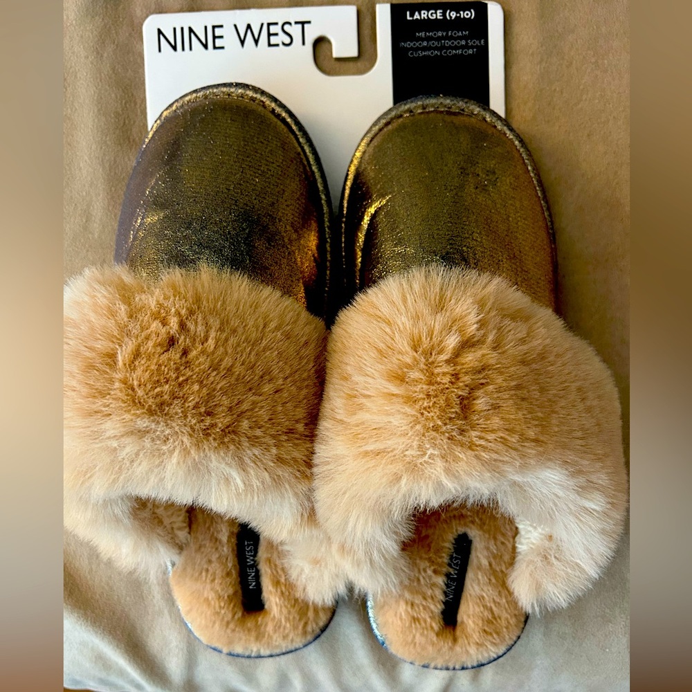 Nine West Gold and Tan faux fur Slippers NEW